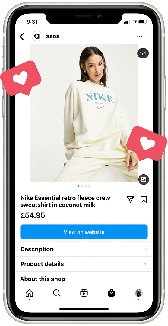 Iphone with product page on social media