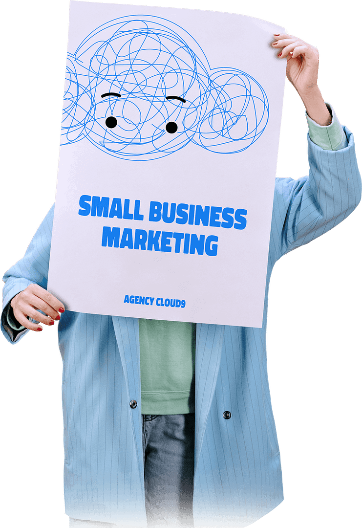Girl in denim jacket holding a poster with a cloud that says marketing services for small businesses